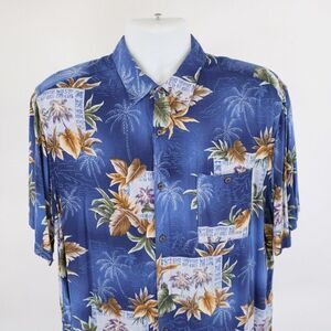 Campia Large Rayon Blue‎ Floral Short Sleeve Hawaiian Collared Dress Shirt